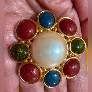 Vintage Liz Claiborne Large Gripoix Cabochon  Floral Brooch with Pearl Center